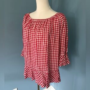 BeachLunchLounge Red Gingham Off Shoulder Ruffle Blouse S 100% Viscose